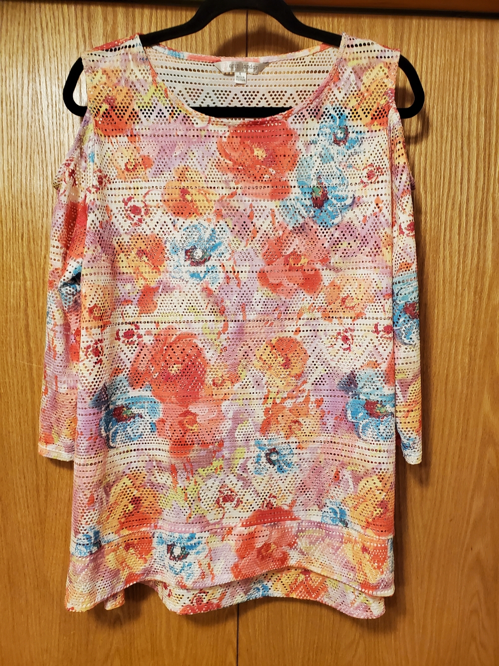 erin london Multicolor Floral Cold-Shoulder Tunic in Coral, Blue, Yellow